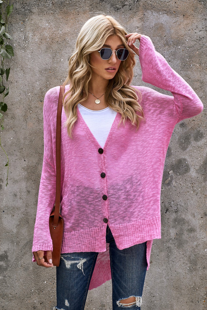 Cute Pink Loose Lightweight V Neck Buttoned Sheer Knit Cardigan