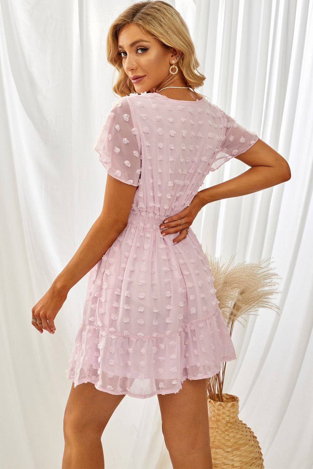 Cute Pink Polka Dot V Neck Ruffled Short Sleeves Mini Dress