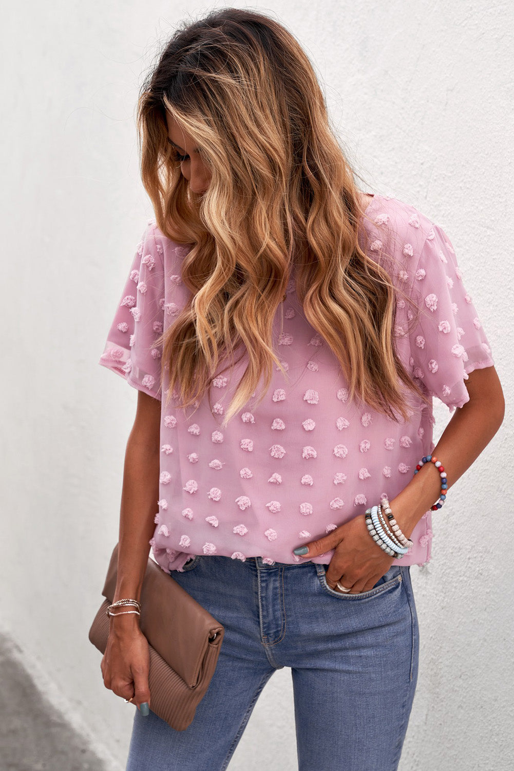Cute Pink Swiss Dot Texture Short Sleeve Blouse