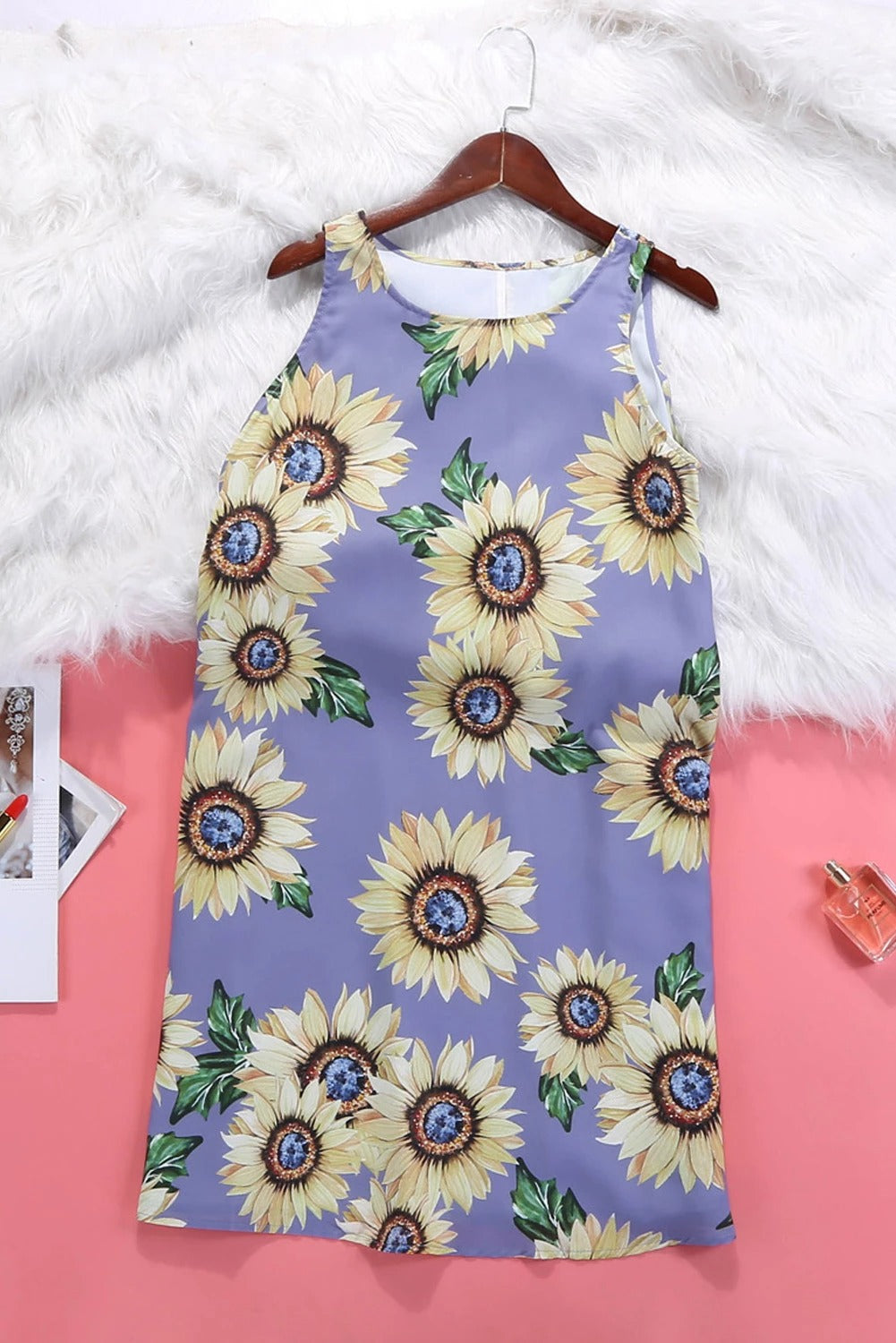 Cute Summer Purple Sunflower Print Tank Dress