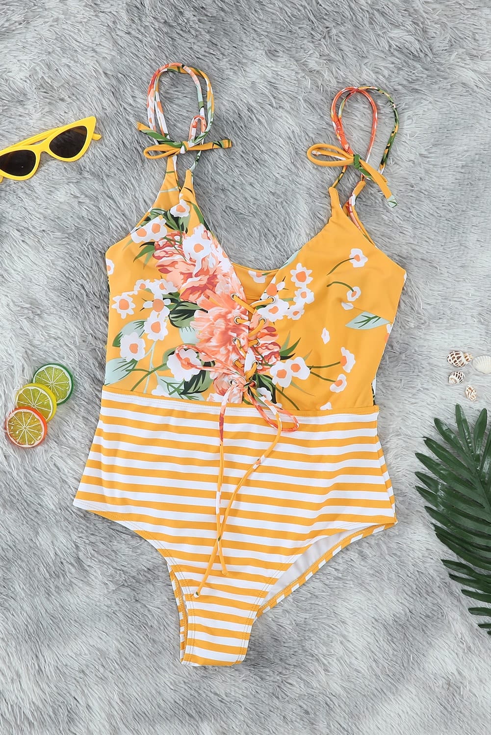 Cute Yellow Floral and Striped Lace-up One-piece Swimwear