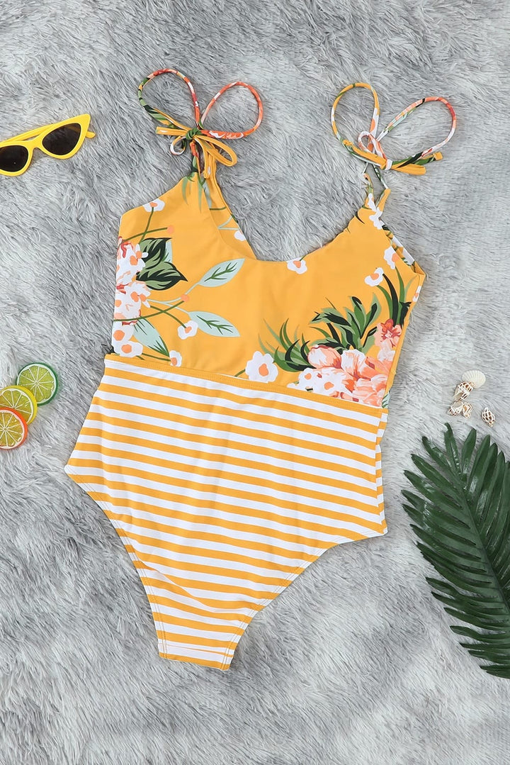 Cute Yellow Floral and Striped Lace-up One-piece Swimwear