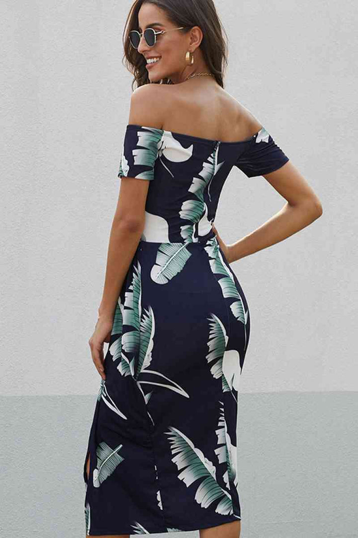 Dark Blue Floral Print Short Sleeve Off Shoulder Midi Dress