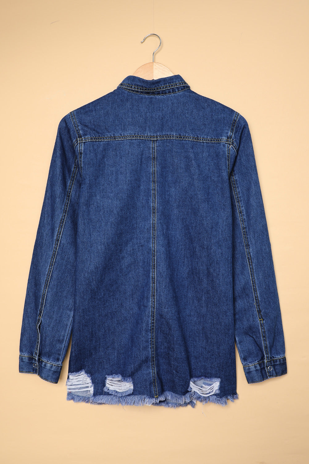 Dark Blue Ripped Jeans Shacket Shirt Jacket, Shop for cheap Dark Blue Ripped Jeans Shacket Shirt Jacket online? Buy at Modeshe.com on sale!