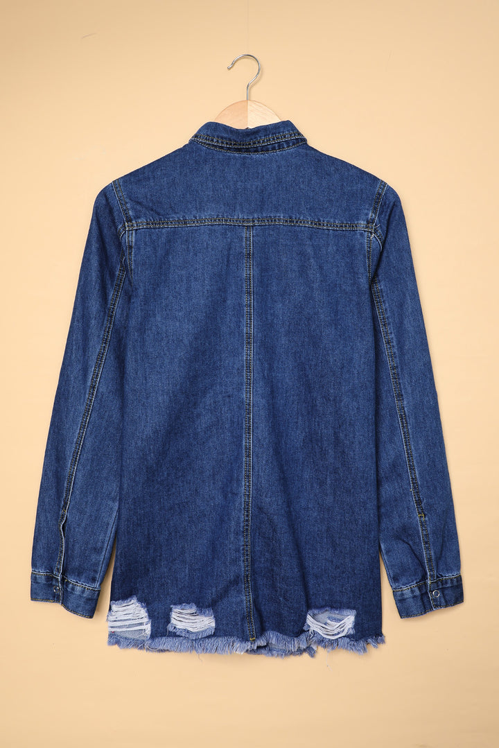 Dark Blue Ripped Jeans Shacket Shirt Jacket, Shop for cheap Dark Blue Ripped Jeans Shacket Shirt Jacket online? Buy at Modeshe.com on sale!