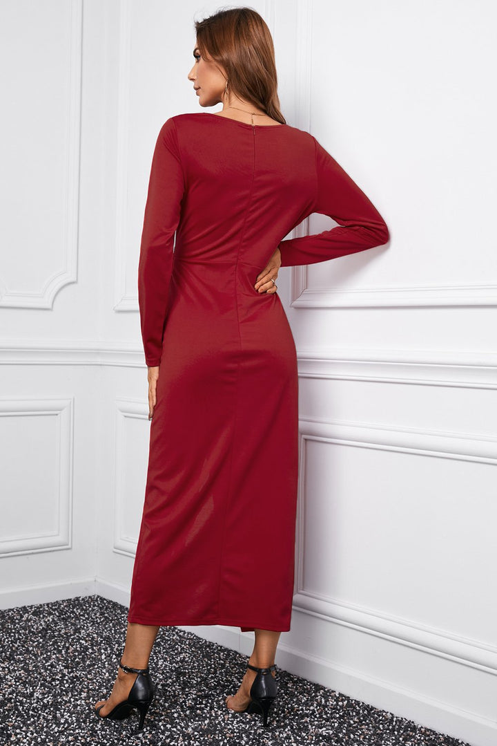 Elegant Red Long Sleeve V Neck Twist Front Slit Long Dress