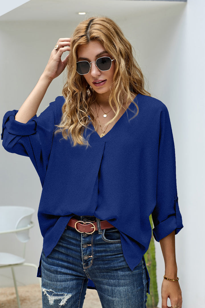 Elegant Royal Blue V Neck 34 Sleeve High Low Hem Blouse