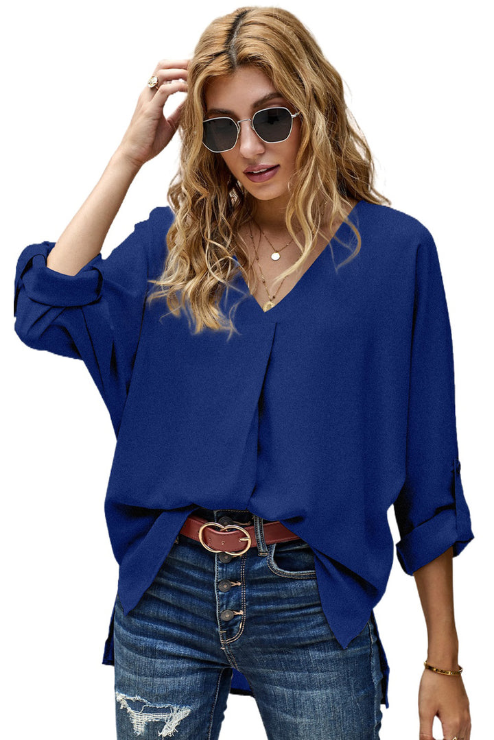Elegant Royal Blue V Neck 34 Sleeve High Low Hem Blouse