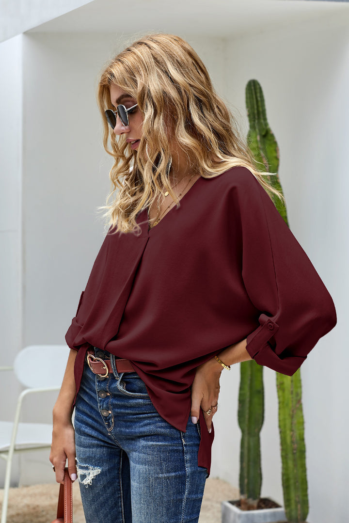 Elegant Wine V Neck 3/4 Sleeve High Low Hem Blouse