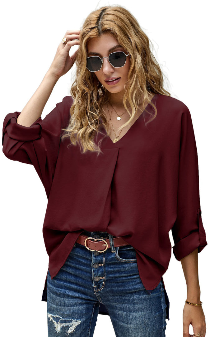 Elegant Wine V Neck 3/4 Sleeve High Low Hem Blouse