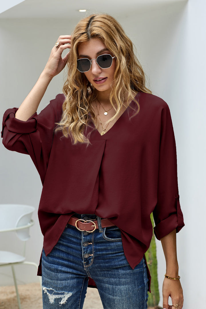 Elegant Wine V Neck 3/4 Sleeve High Low Hem Blouse
