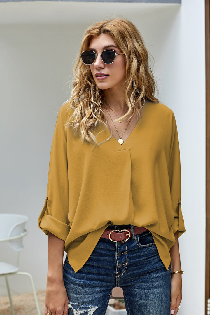 Elegant Yellow V Neck 34 Sleeve High Low Hem Blouse