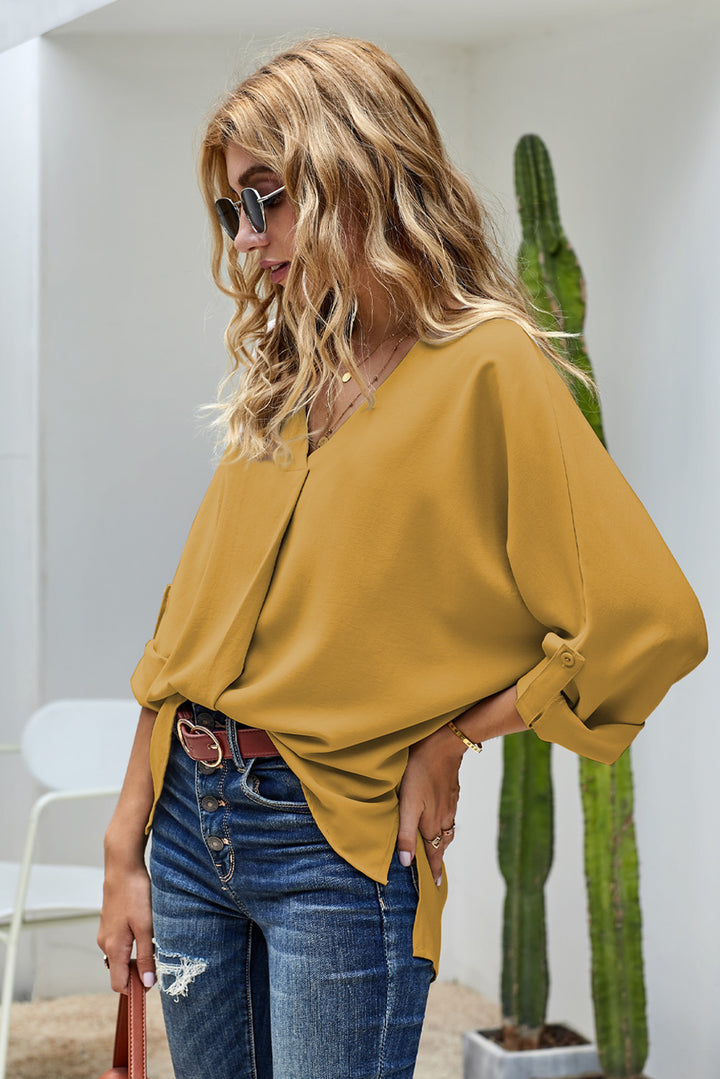 Elegant Yellow V Neck 34 Sleeve High Low Hem Blouse
