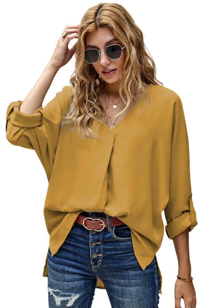 Elegant Yellow V Neck 34 Sleeve High Low Hem Blouse