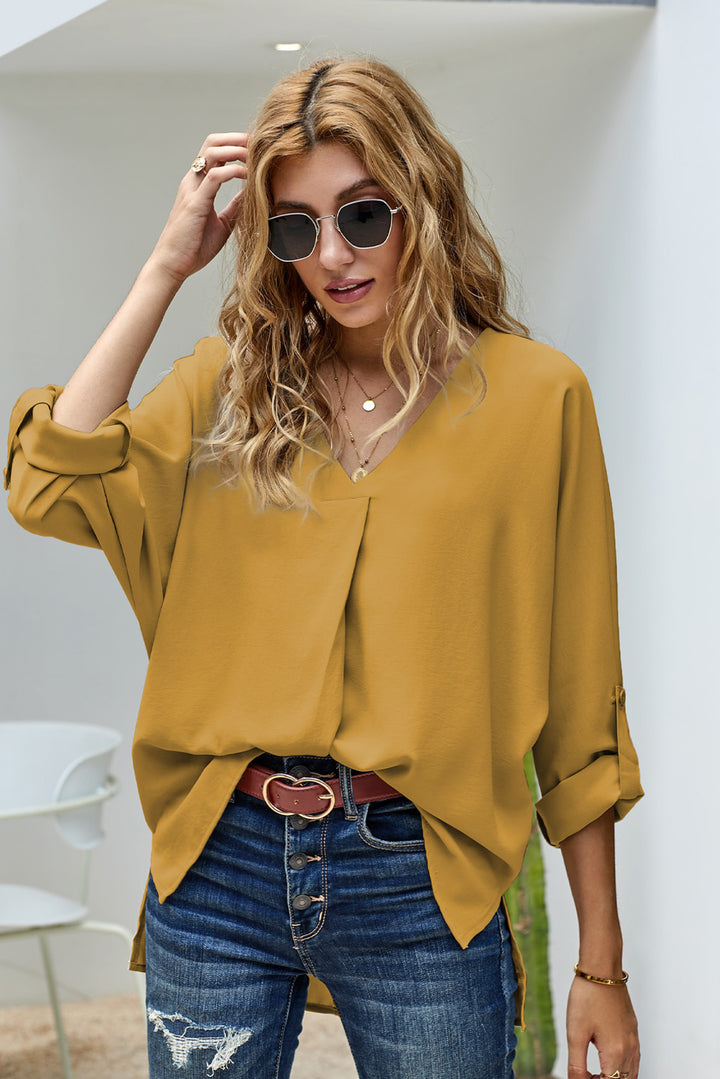Elegant Yellow V Neck 34 Sleeve High Low Hem Blouse