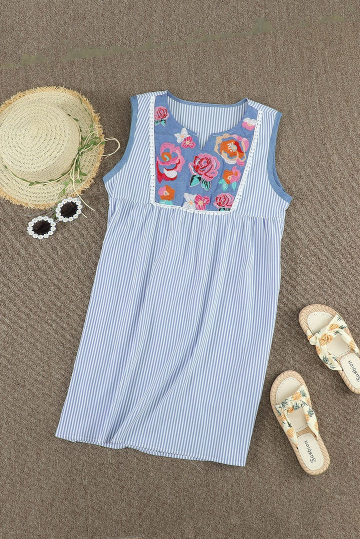 Embroidered Floral Blue White Striped Sleeveless Shift Mini Dress