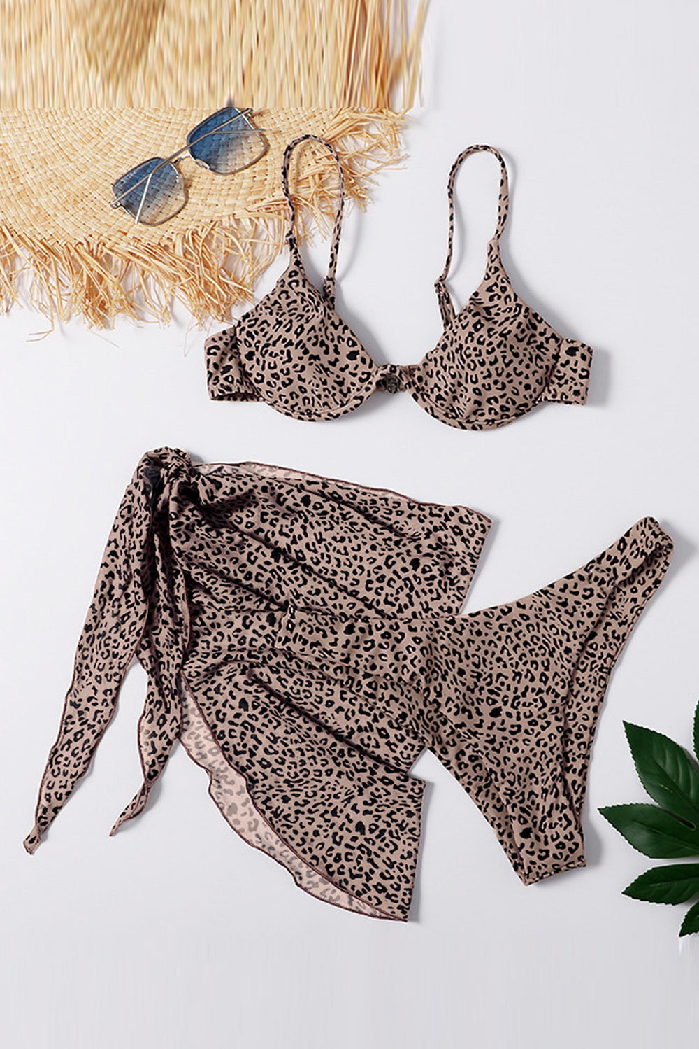 Fashion 3pcs Leopard Bikini & Sarong Swim Set