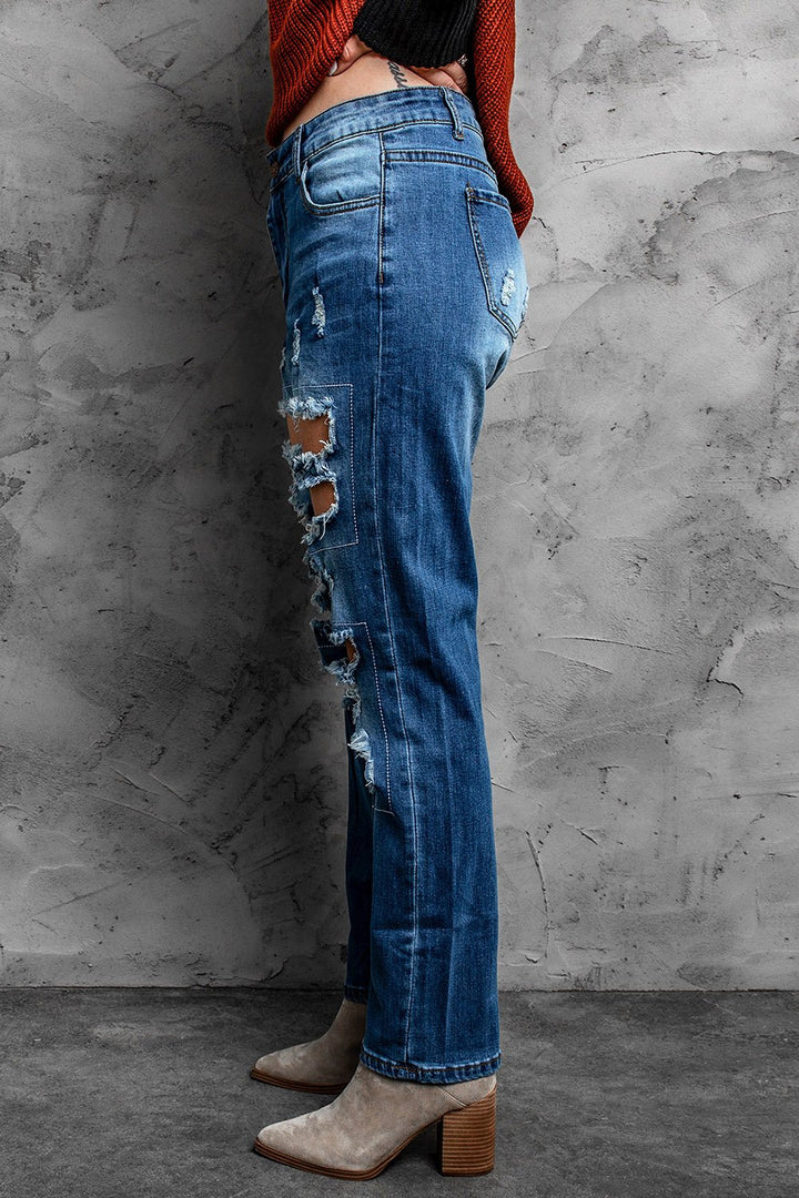 Fashion Blue Buttoned Pockets Distressed Ripped Jeans