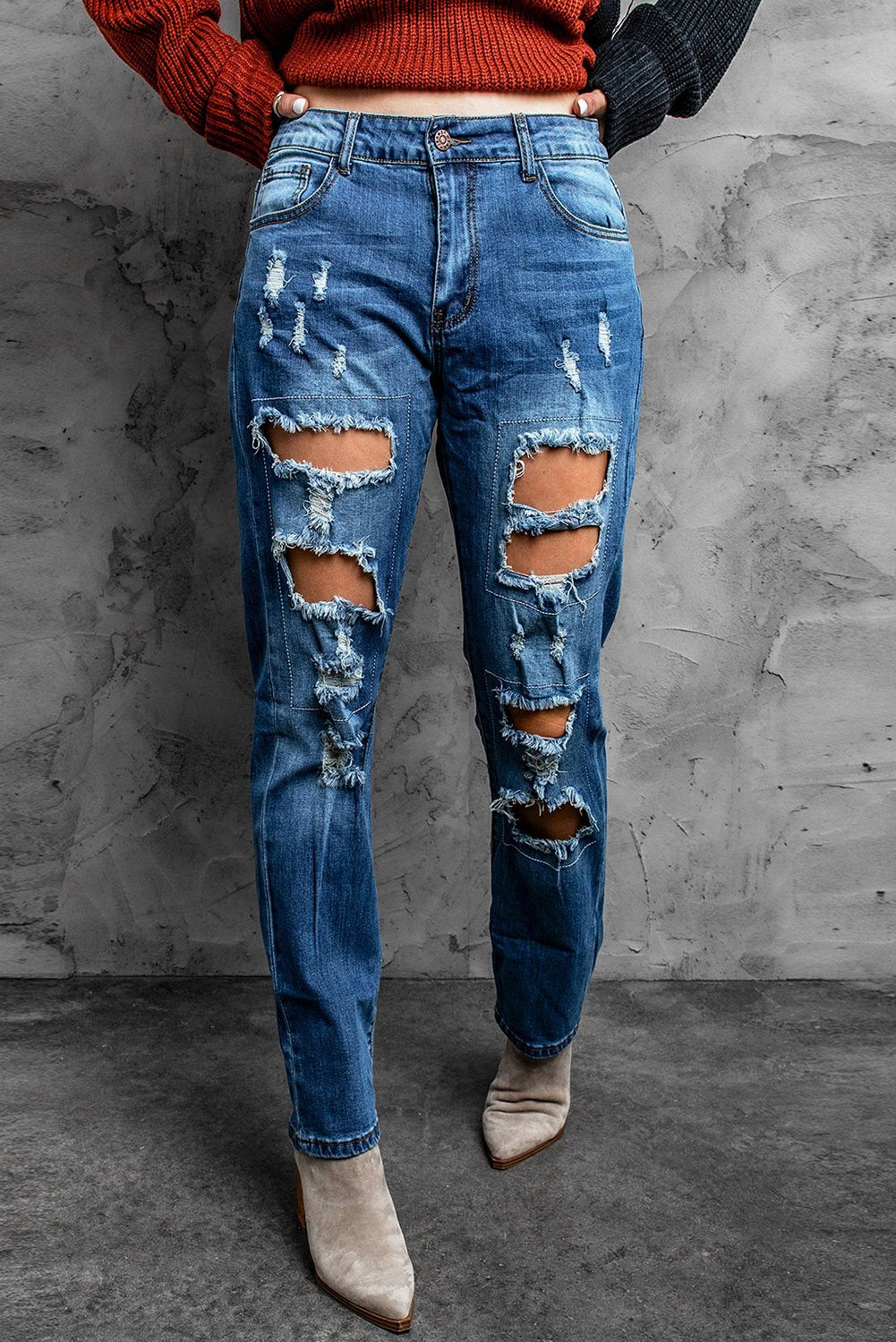 Fashion Blue Buttoned Pockets Distressed Ripped Jeans