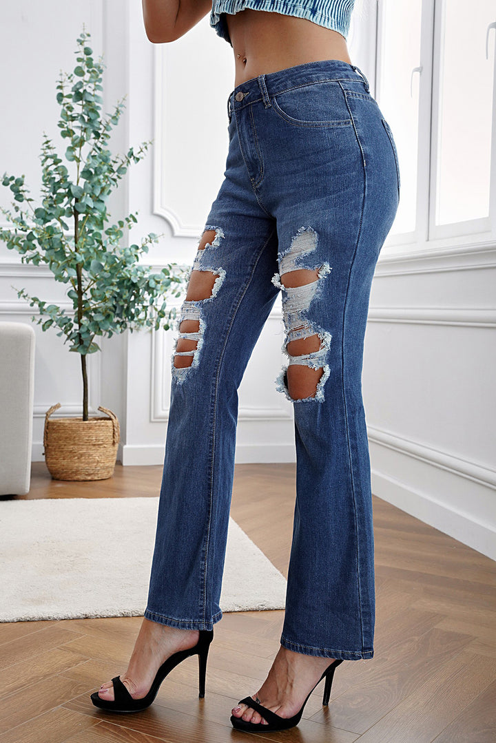 Fashion Blue High Waist Distressed Bell Jeans