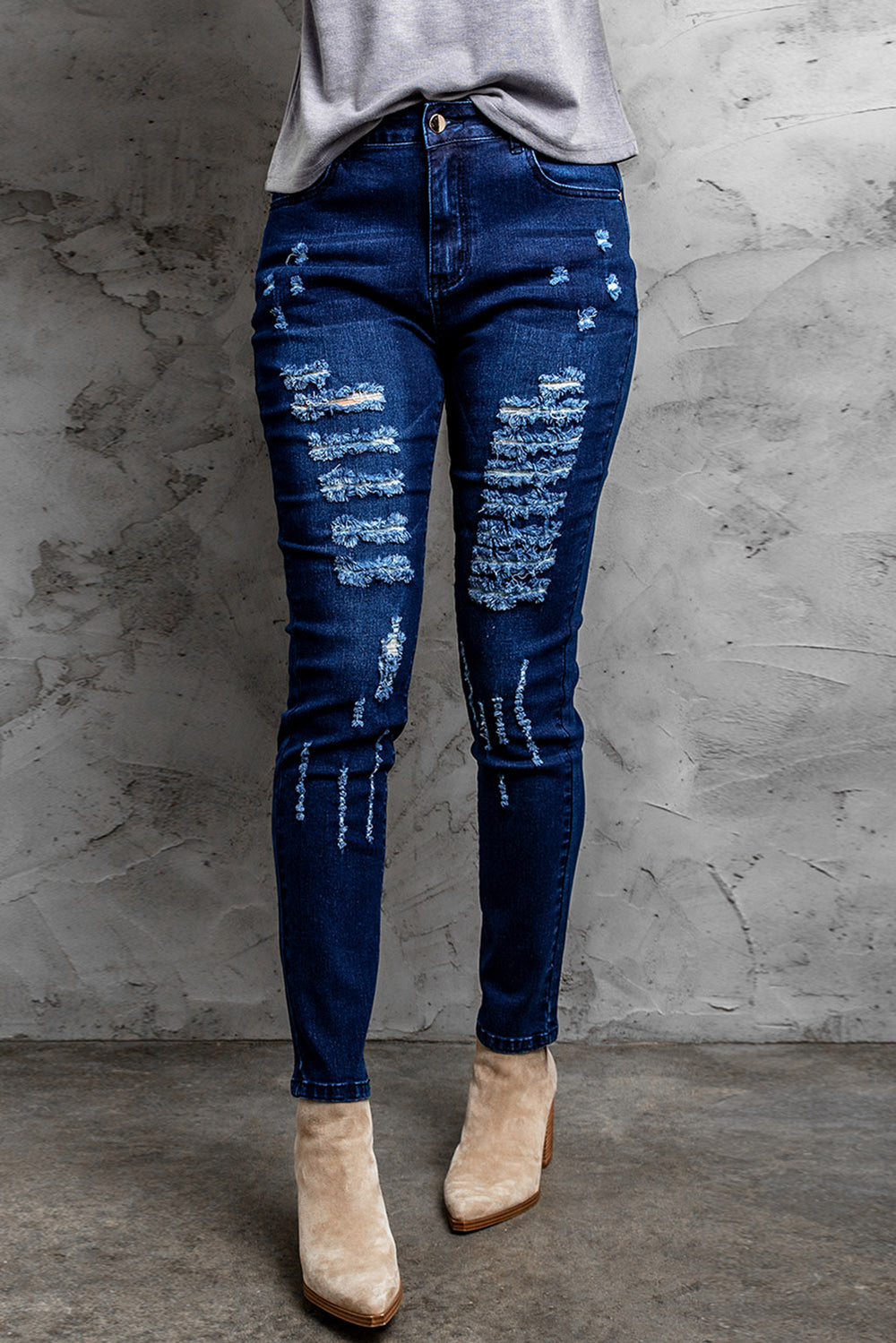 Blue Mid Rise Distressed Ripped Holes Skinny Jeans
