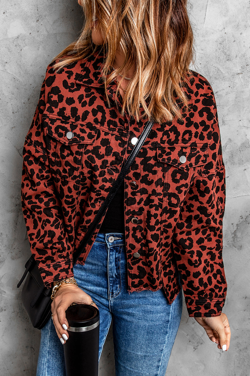 Fashion Brown Leopard Raw Hem Buttoned Cropped Jacket