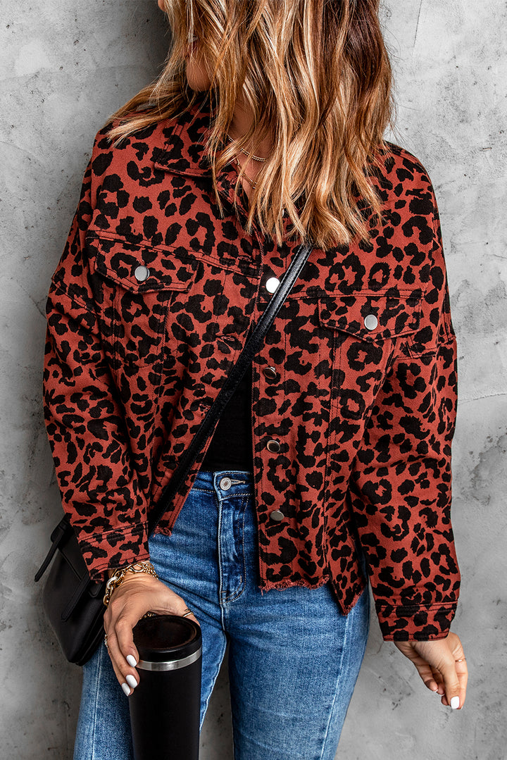 Fashion Brown Leopard Raw Hem Buttoned Cropped Jacket