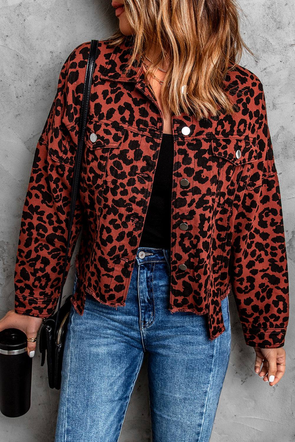 Fashion Brown Leopard Raw Hem Buttoned Cropped Jacket