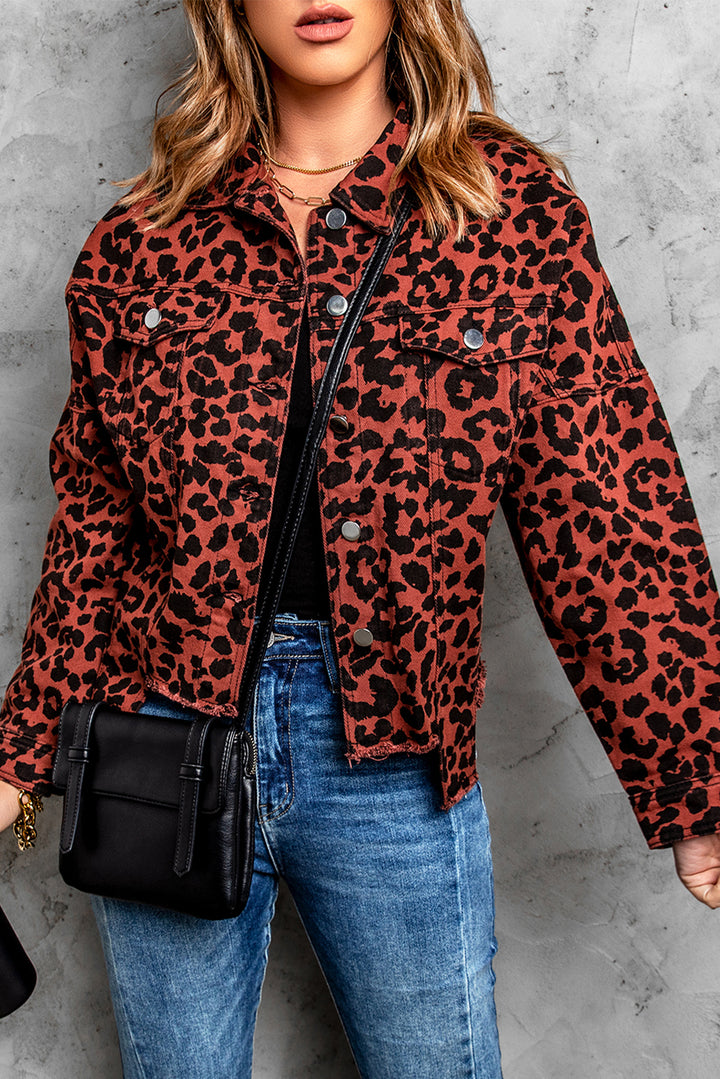 Fashion Brown Leopard Raw Hem Buttoned Cropped Jacket