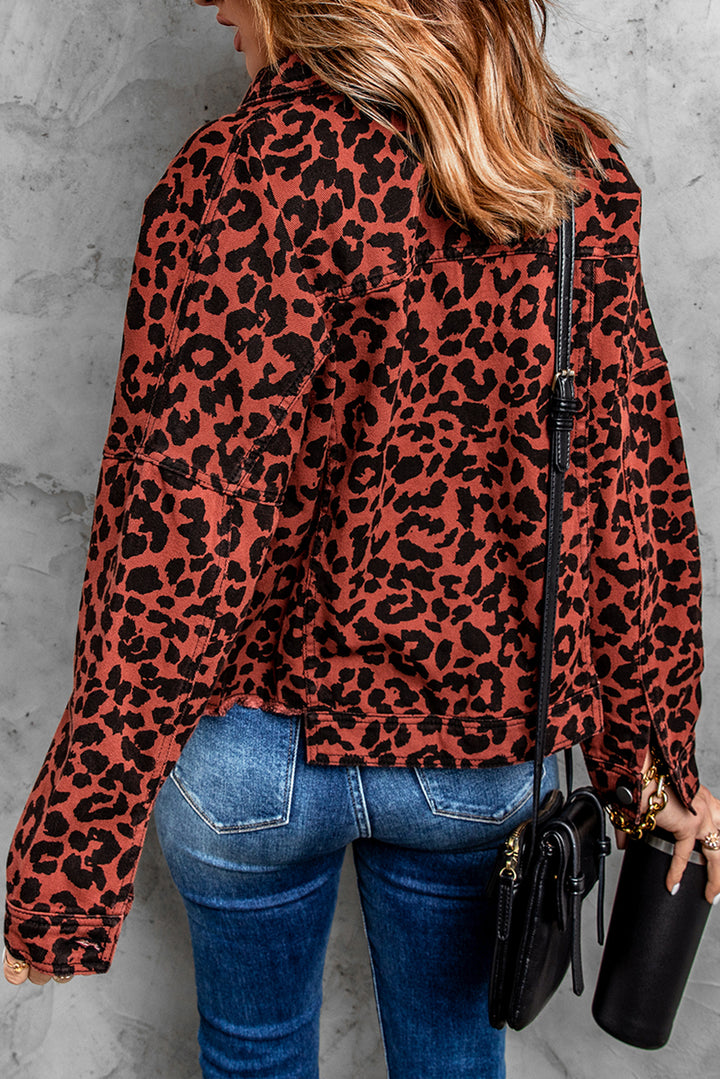 Fashion Brown Leopard Raw Hem Buttoned Cropped Jacket