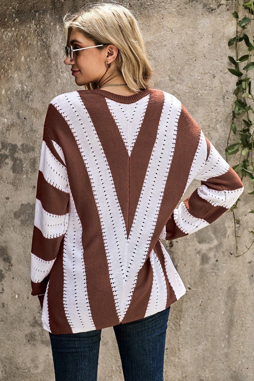 Fashion Brown Striped Colorblock V Neck Knitted Sweater