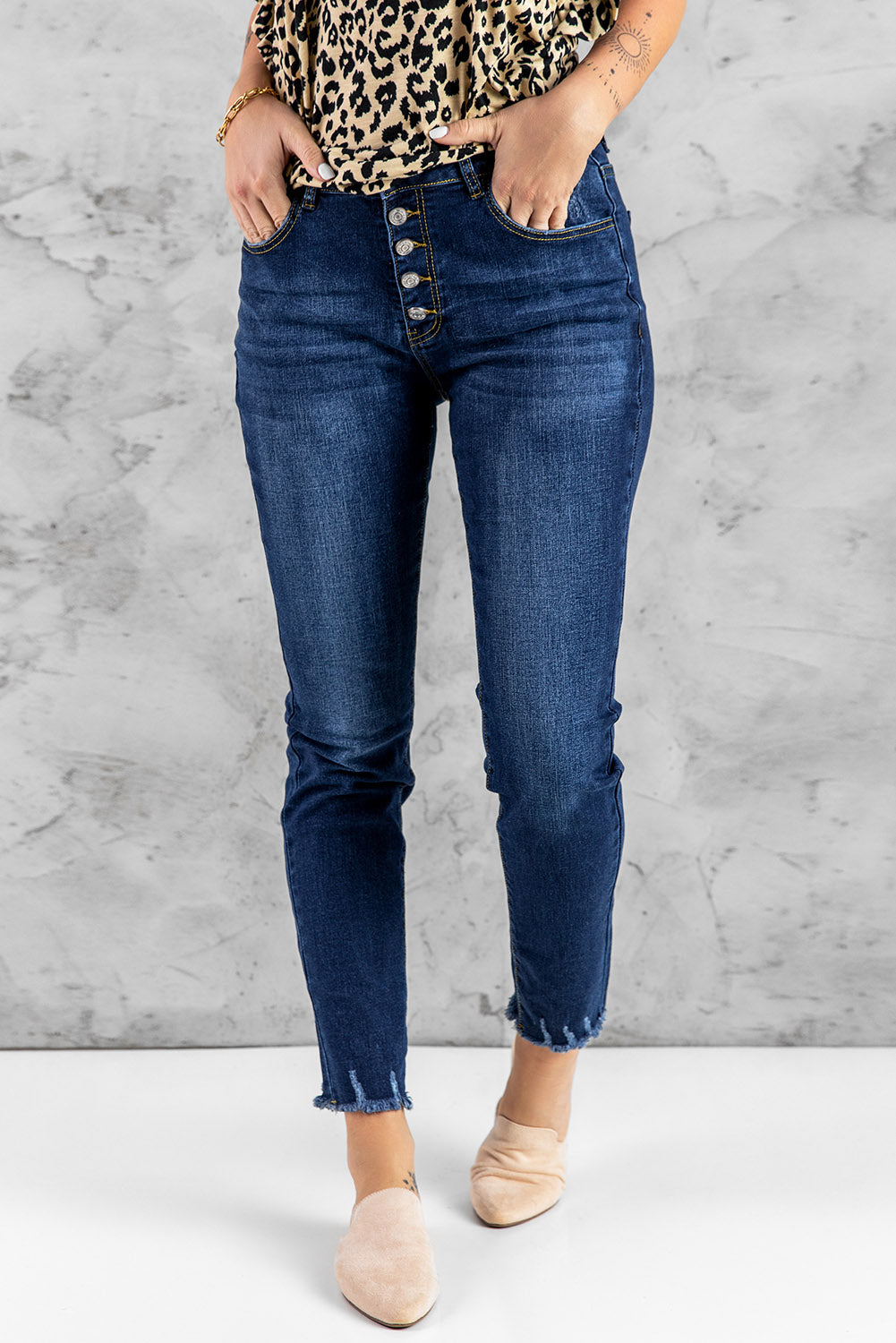 Fashion Dark Blue High Waisted Buttons Jeans
