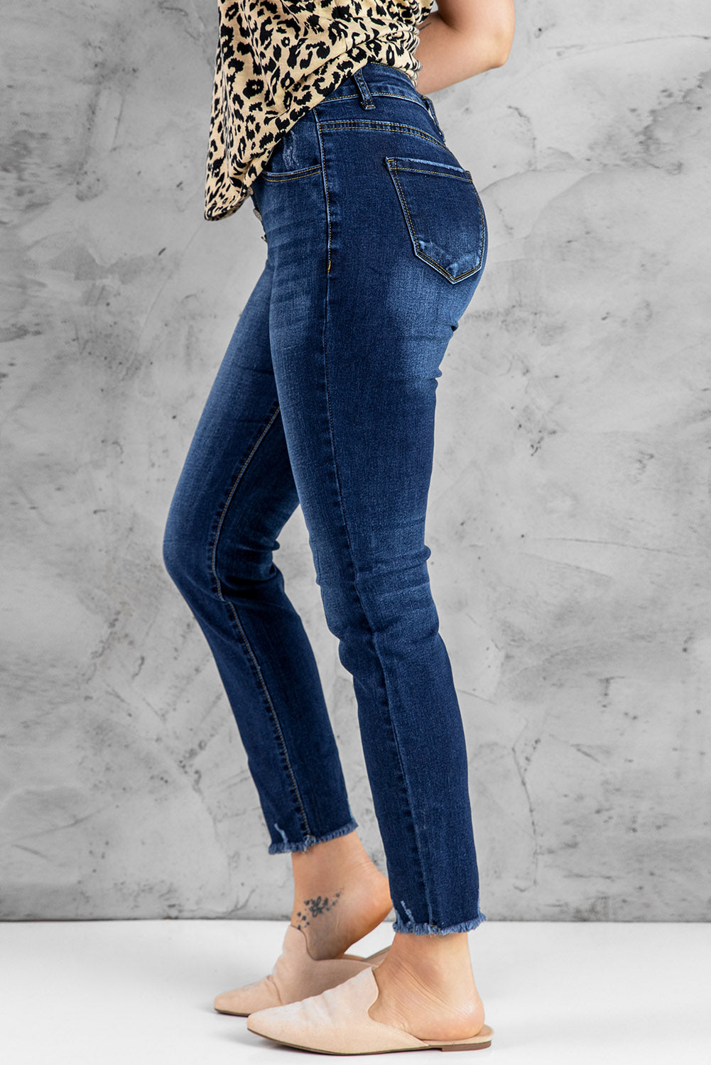 Fashion Dark Blue High Waisted Buttons Jeans