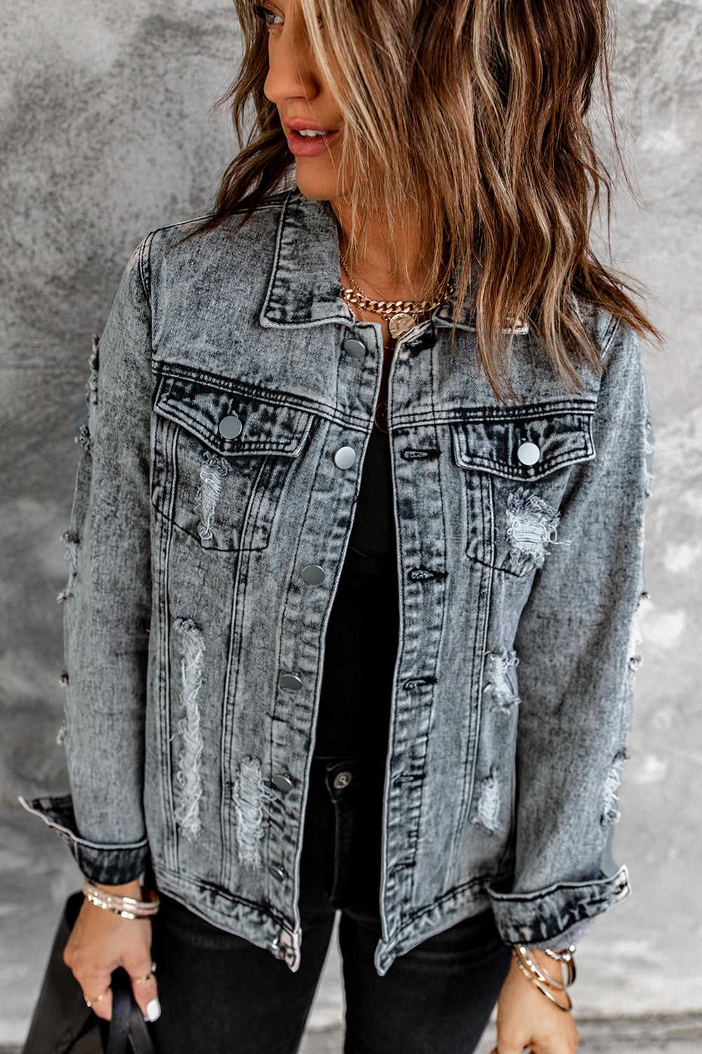 Fashion Gray Distressed Buttons Washed Jean Jacket