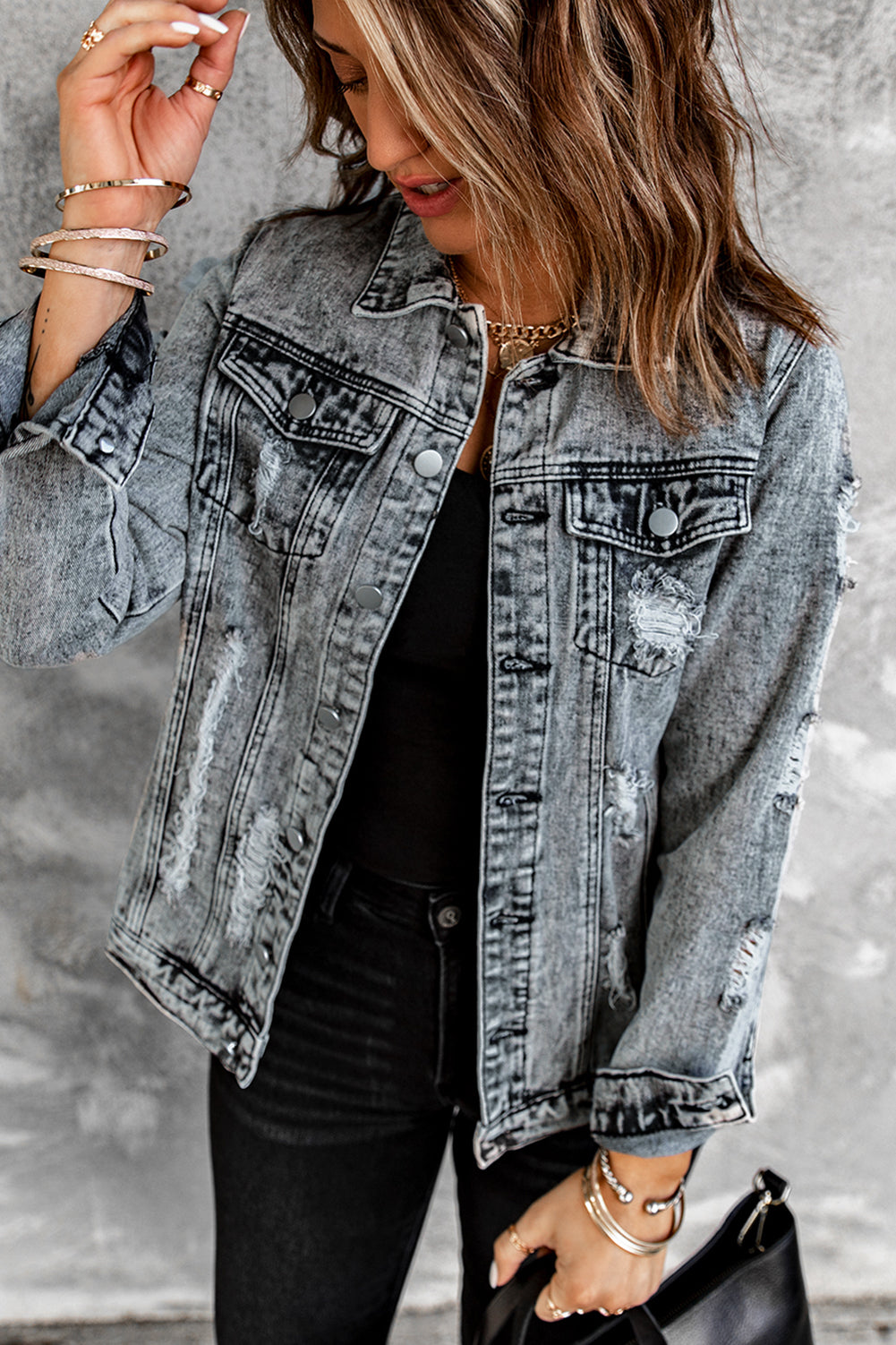 Fashion Gray Distressed Buttons Washed Jean Jacket