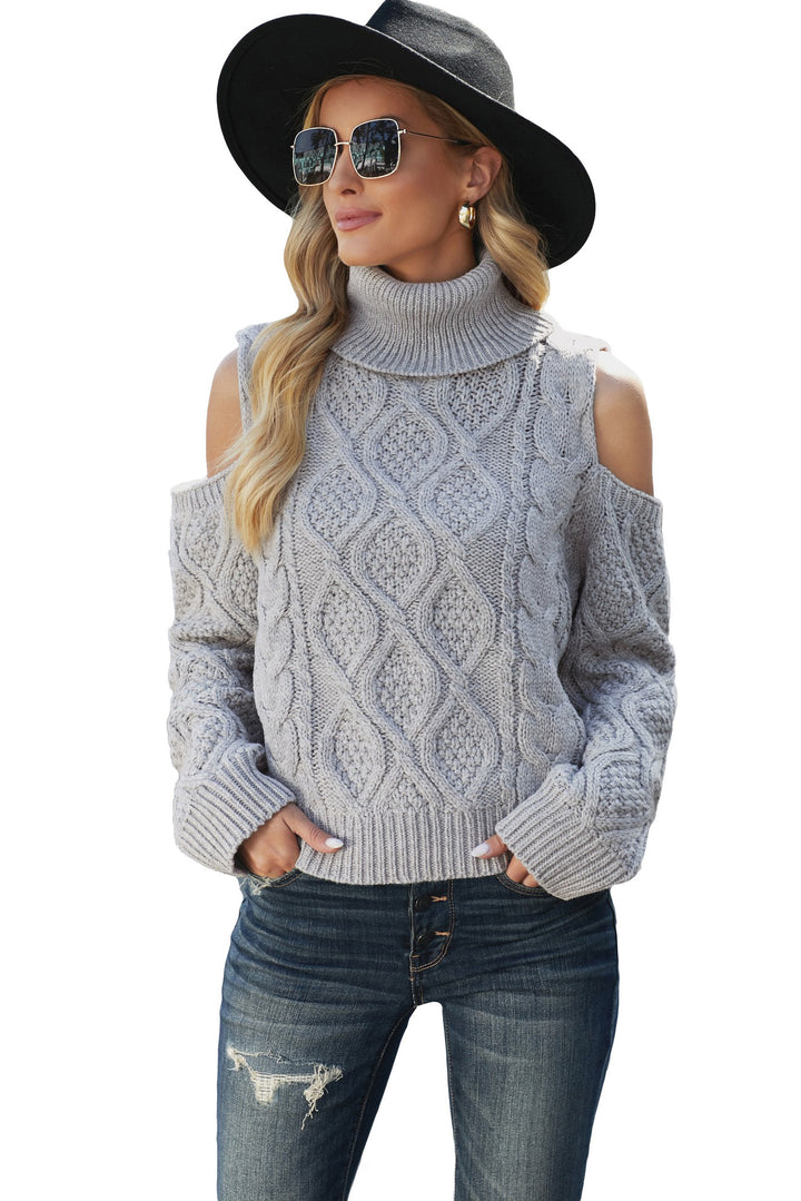 Fashion Gray Turtleneck Cold Shoulder Textured Sweater