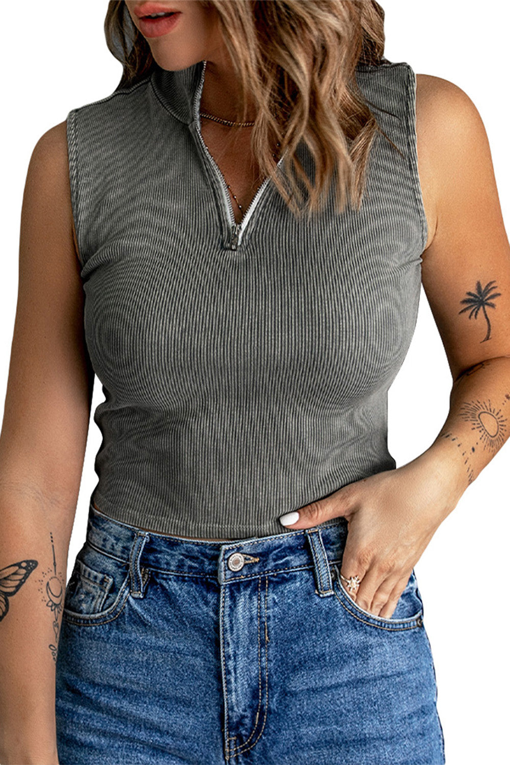 Zip-up Ribbed Cropped Tank Top