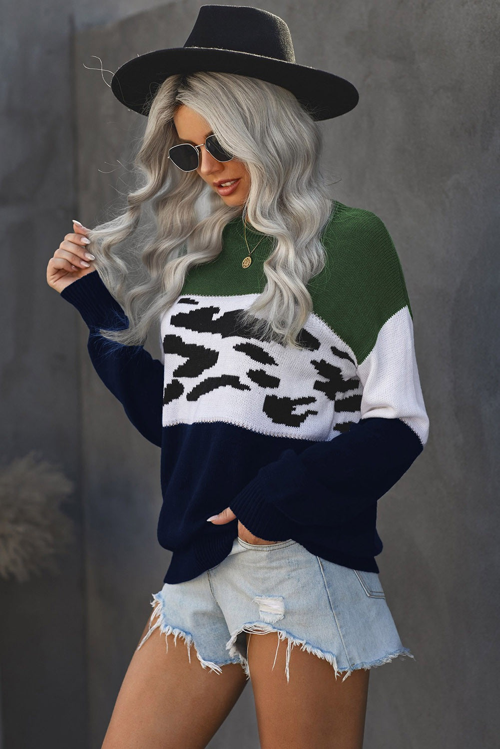 Fashion Green Color Block Leopard Splicing Sweater