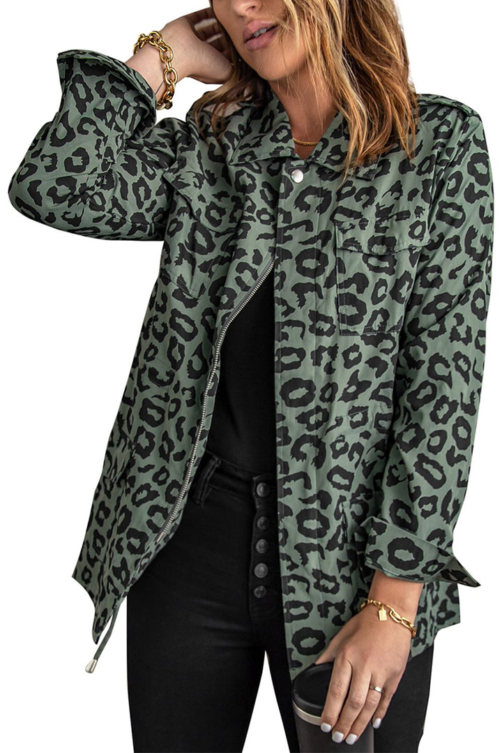 Lapel Collar Zipper Leopard Coat