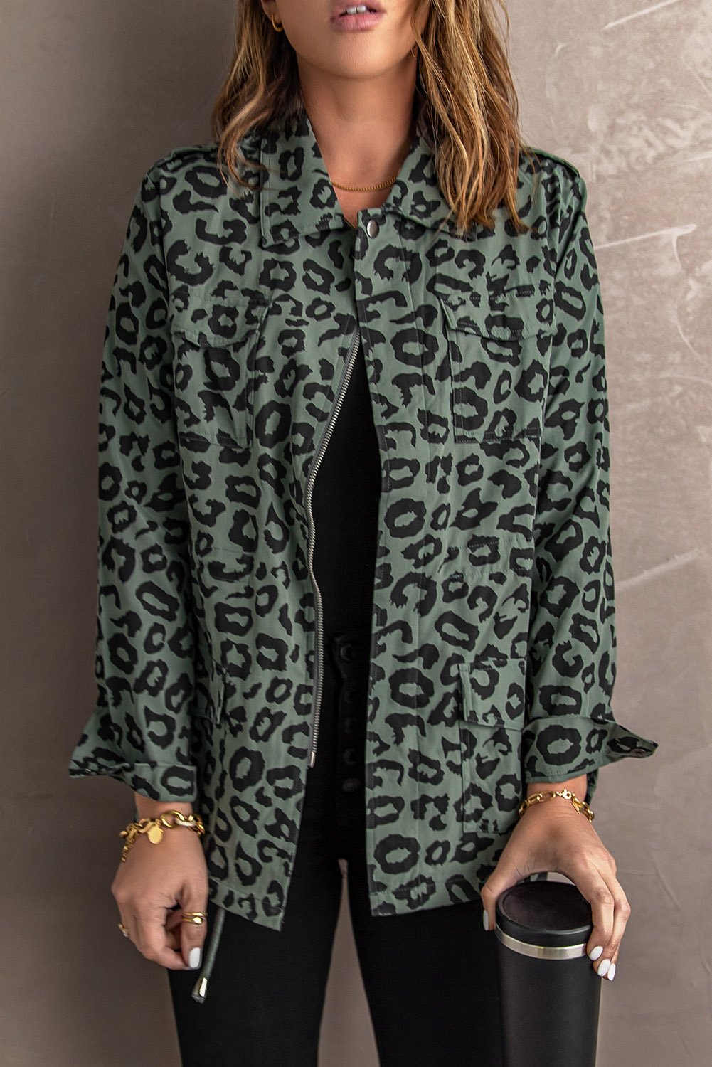 Fashion Green Lapel Collar Zipper Drawstring Leopard Coat