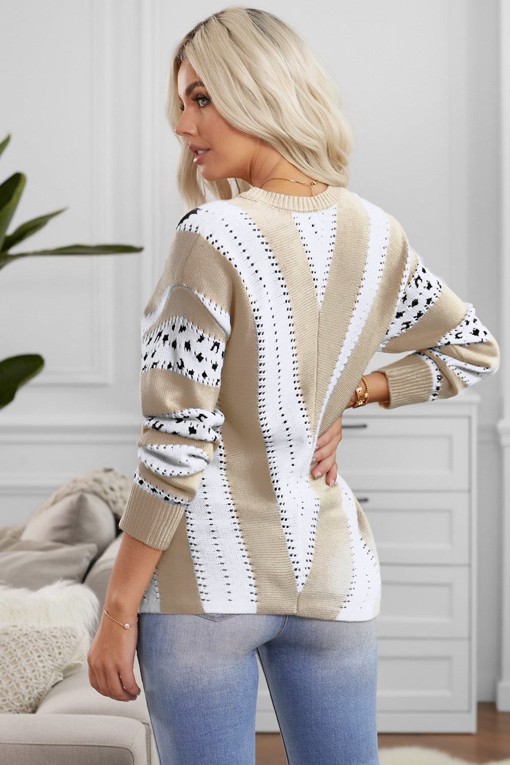 Fashion Khaki Animal Print Accent V Neck Sweater