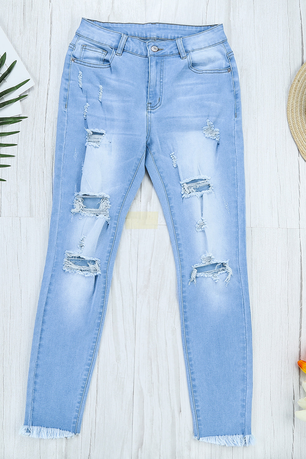 Fashion Light Blue Washed Ripped Holes Jeans