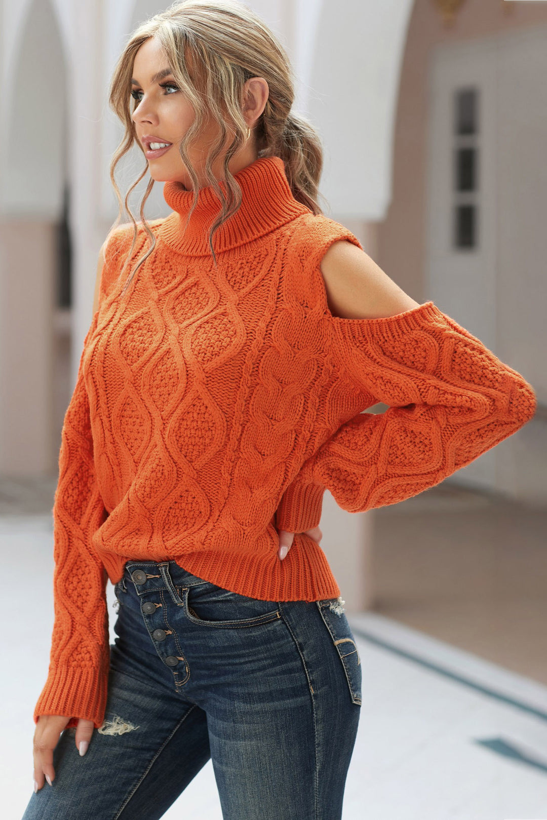 Fashion Orange Turtleneck Cold Shoulder Textured Sweater