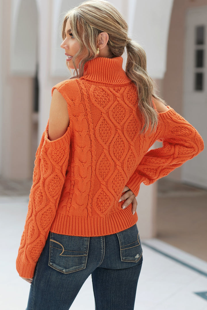 Fashion Orange Turtleneck Cold Shoulder Textured Sweater