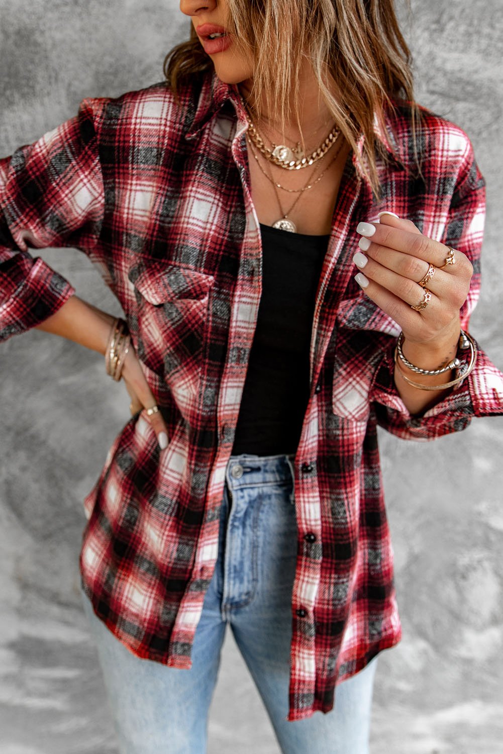 Fashion Red Buttons Pocketed Plaid Shacket