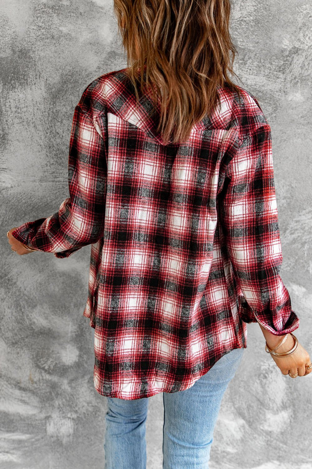 Fashion Red Buttons Pocketed Plaid Shacket