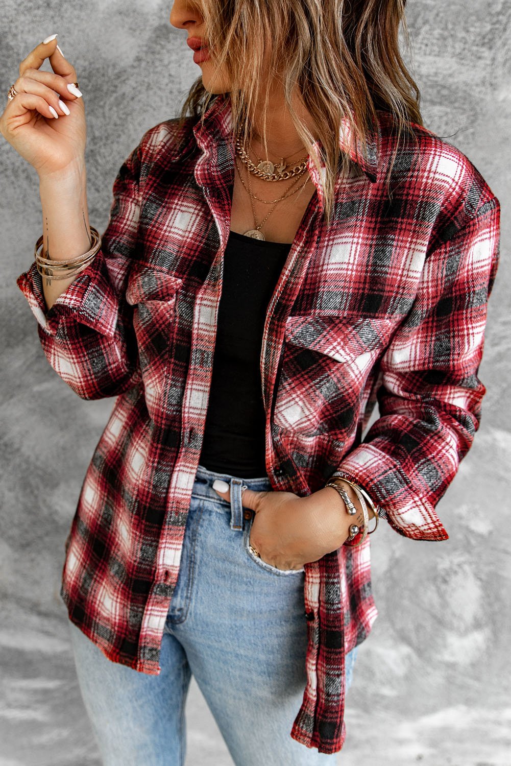 Fashion Red Buttons Pocketed Plaid Shacket