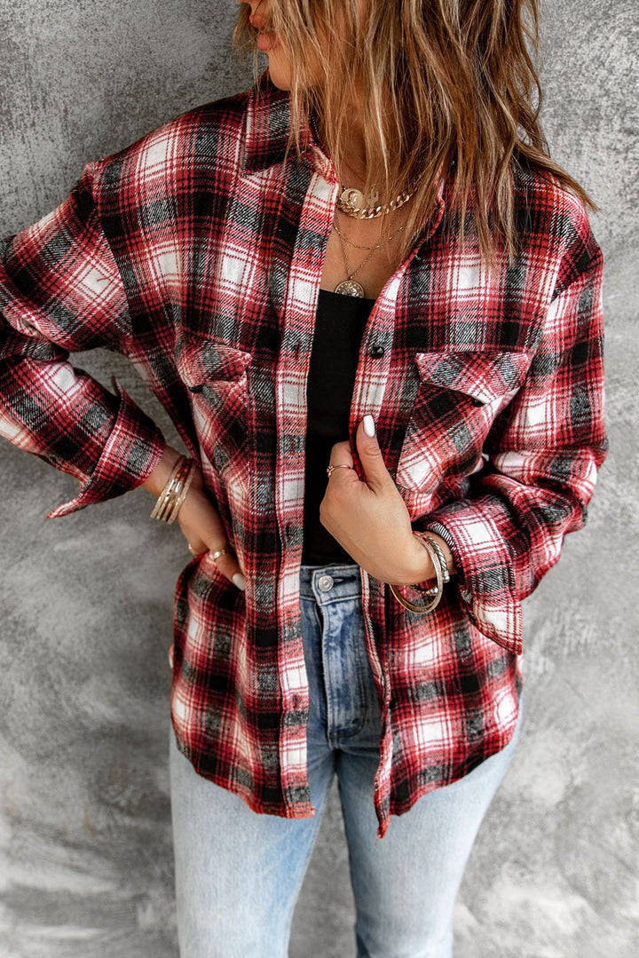 Fashion Red Buttons Pocketed Plaid Shacket