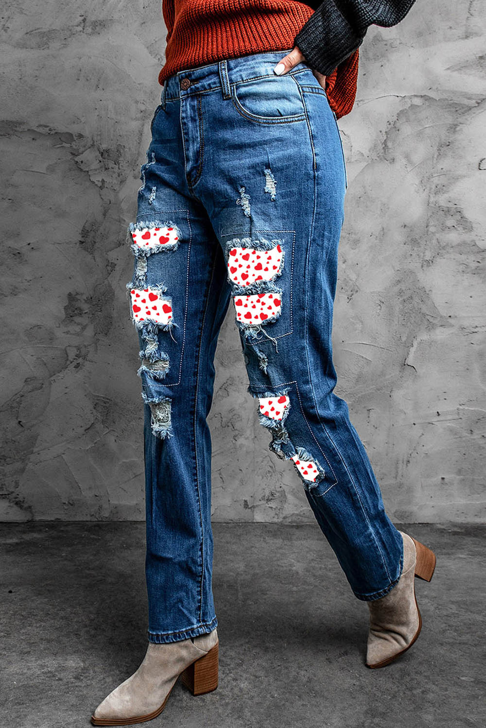 Fashion Valentine Heart Patchwork Distressed Straight Leg Jeans