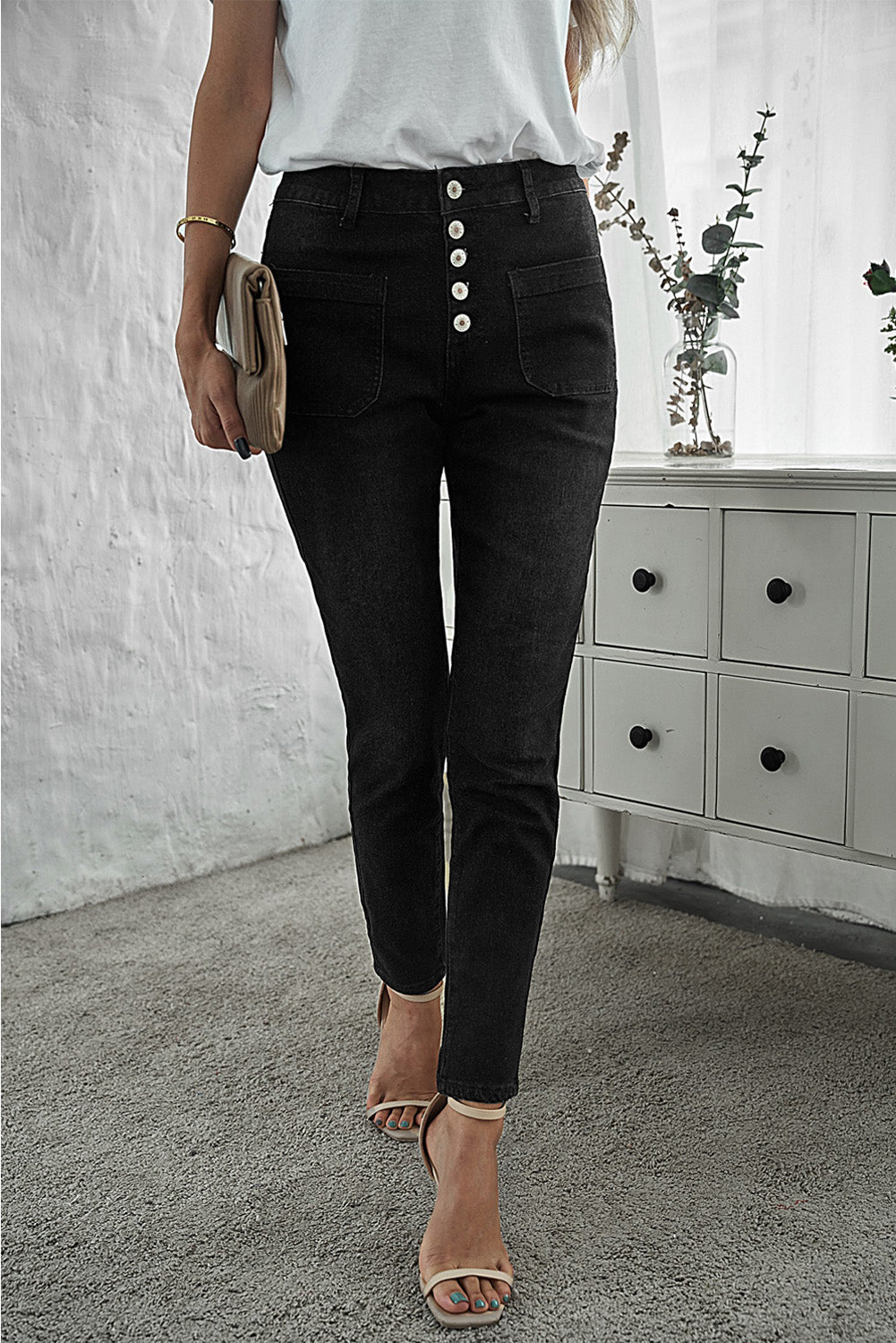 Fashion Women Black Button Fly Skinny Jeans with Pockets